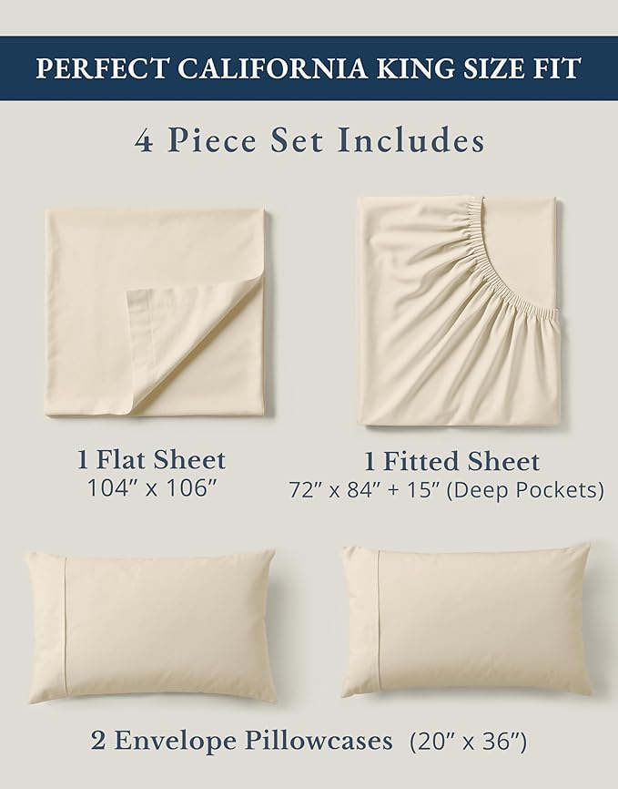 LANE LINEN 100% Organic Cotton California King Sheets Set, 4-Piece Pure Organic Cotton Long Staple Percale Weave Soft Best Bedding Sheets for Bed, Breathable, Fits Mattress Upto 15" Deep - Natural