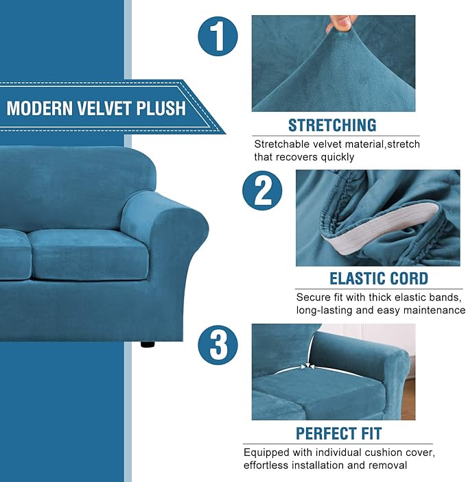 H.VERSAILTEX Modern Velvet Plush 4 Piece High Stretch Sofa Slipcover Sofa Cover - Image 3