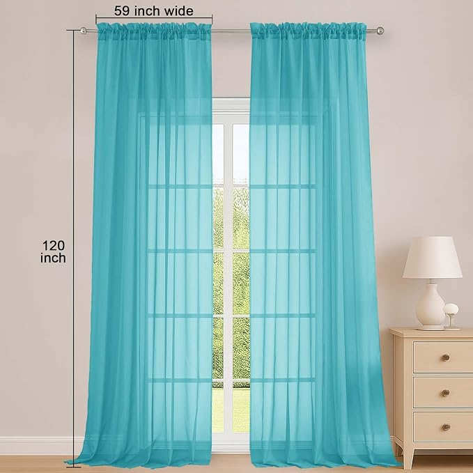 Turquoise Sheer Curtains 120 Inches Long 2 Panels Set, Airy Lightweight Sheer - Image 2