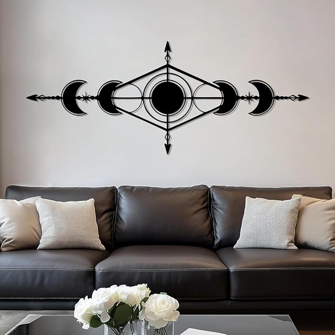 Hfrolixit Moon Phase Metal Wall Decor, Boho Moon Metal Wall Art, Celestial Wall Decor, Scandinavian Natural Wall Art, Astrology Wall Hanging (Black, 35"x14"/90x36cm)