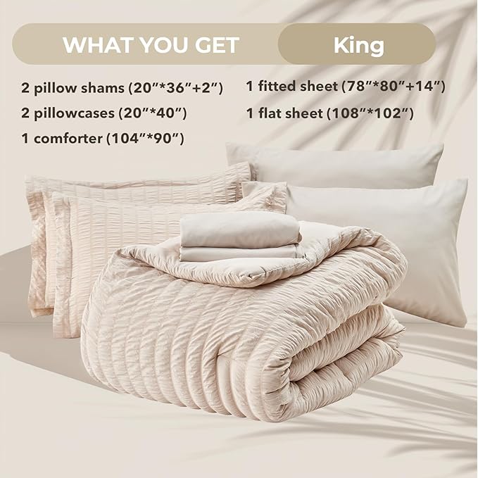 HYMOKEGE Beige King Size Comforter Set Seersucker 7 Pieces, All Season Luxury Bed in a Bag for Bedroom, Bedding Set with Comforters, Sheets, Pillowcases & Shams