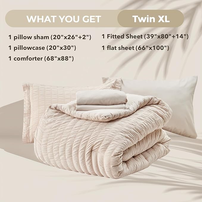 HYMOKEGE Beige Twin XL Comforter Set Seersucker 5 Pieces, All Season Luxury Bed in a Bag for Bedroom, Bedding Set with Comforter, Sheets, Pillowcase & Sham