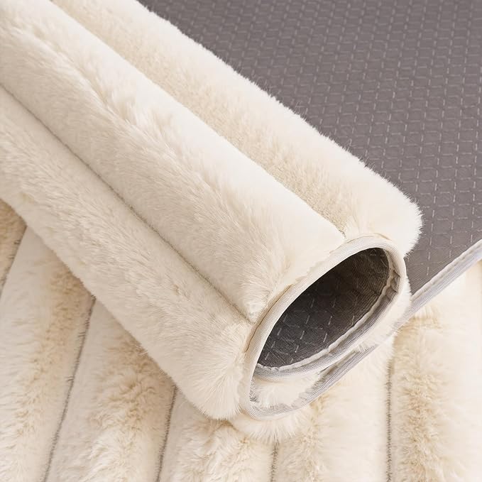 Creamy White Rabbit Striped Plush Rug 6'x9', Fluffy Faux Fur Shaggy Area Rug - Image 6