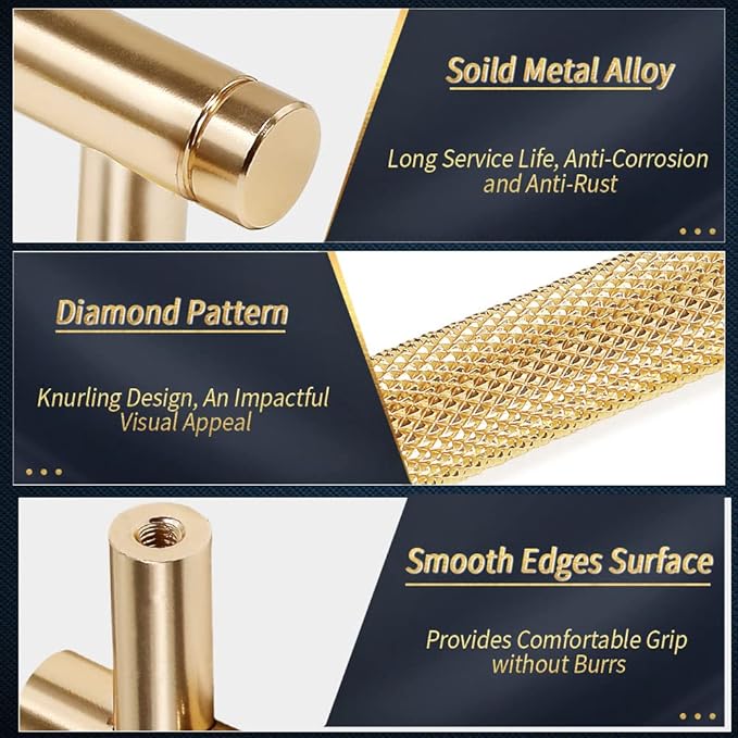 Knurled Cabinet Pulls 12 Pack, 6 Inch Long Cabinet Handles Metal Door Pulls, Kitchen Drawer Pull Knurled Dresser Handles - 5" Hole to Hole, Golden