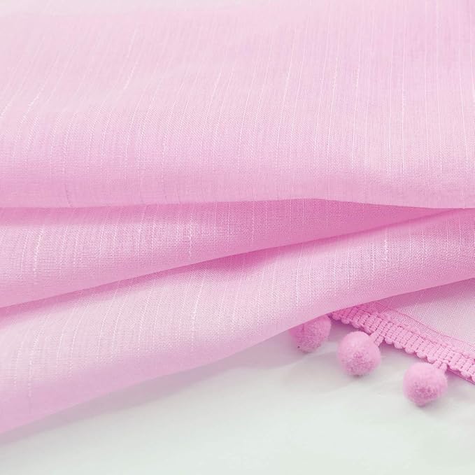 Treatmentex Pom-Pom Sheer Curtains for Bedroom 84 inches Linen Textured Look Pink Sheer Window Draperies for Girl's Room, 52" w x 2 Panels, Red, Rod Pocket