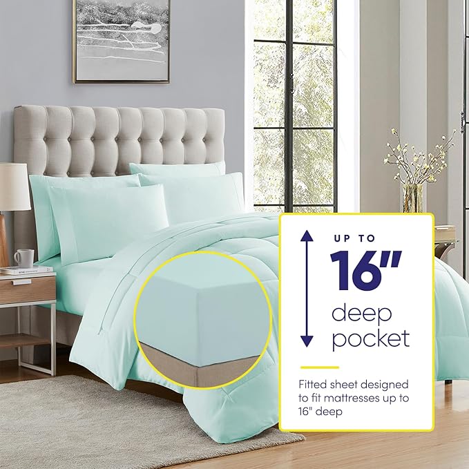King Size Comforter Set with Sheets - 7-Piece Bedding Collection - 1 Comforter, 1 Fitted Sheet, 1 Flat, 4 Pillowcases - Deep Pocket - Soft & Breathable Premium Quality - Ideal for All Seasons, Aqua