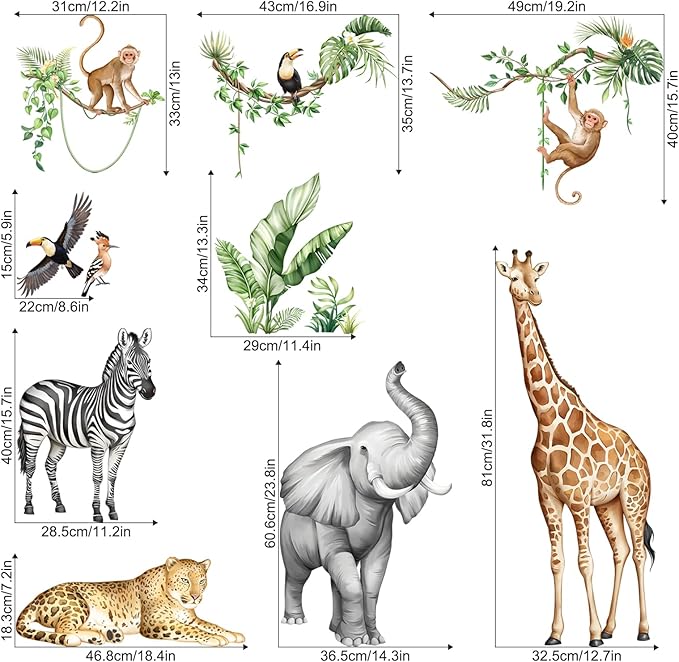 Jungle Safari Animal Wall Decals for Kids Room - Wildlife Wall Stickers Giraffe Elephant Leopard Zebra Monkey Removable Vinyl Nursery Decor for Baby Toddlers Classroom Playroom Wall Decor