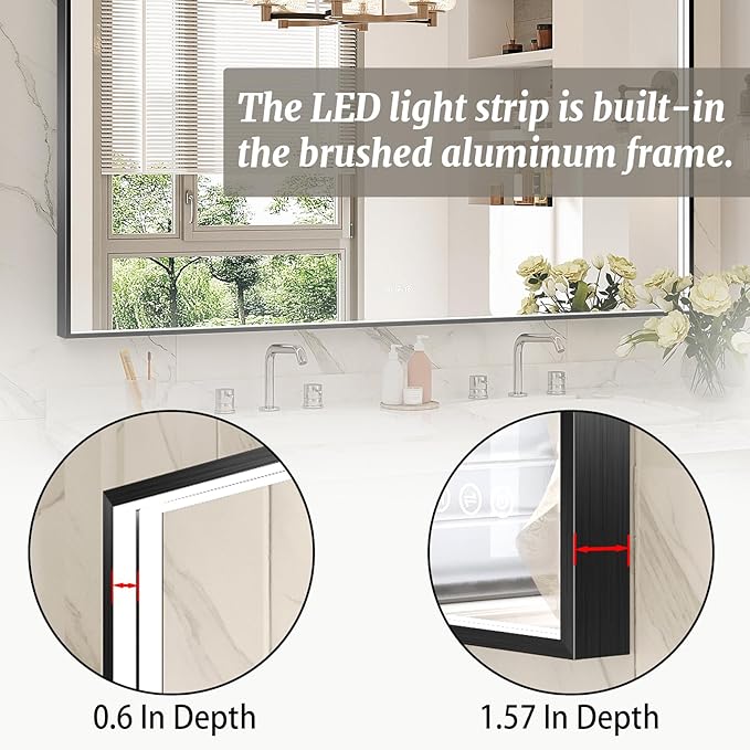 55x32 Inch LED Bathroom Mirror, Black Metal Framed Lighted Mirror for Bathroom, Wall Mouted LED Vanity Mirror with Lights, 3 Colors and Stepless Dimmable, Anti-Fog, Memory