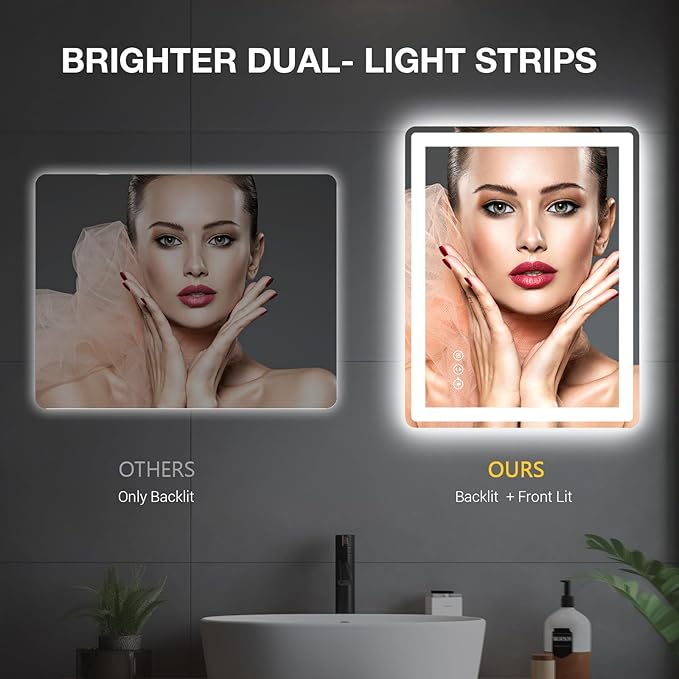 24x36 LED Bathroom Mirror with Lights, Rounded Rectangle Mirror with Double Lights, Backlit + Front Lit, Anti-Fog LED Mirror for Bathroom, Dimmable Lighted Bathroom Mirror(Horizontal/Vertical)