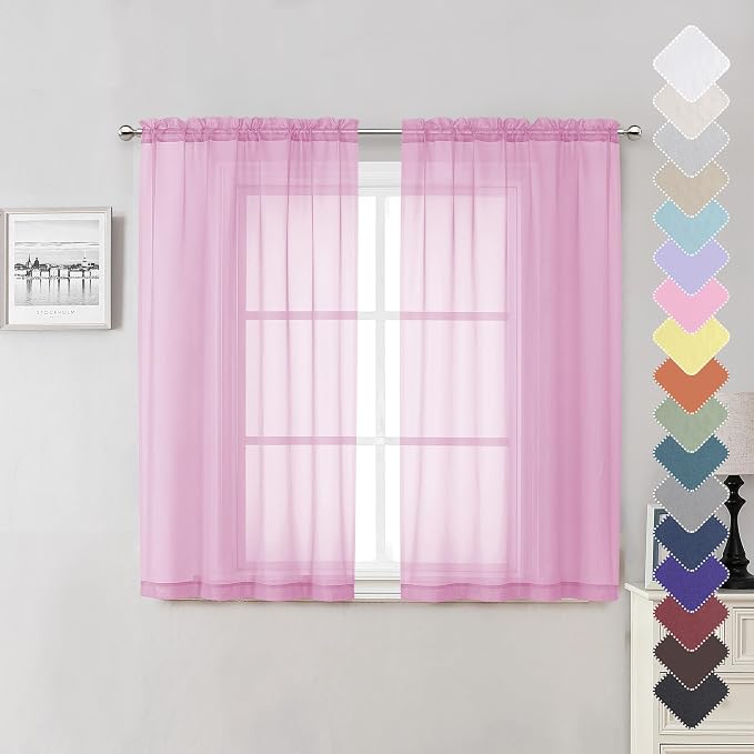 Light Pink Sheer Curtains 54 Inch Length 2 Panels, Voile Airy Drapes by Lecloud