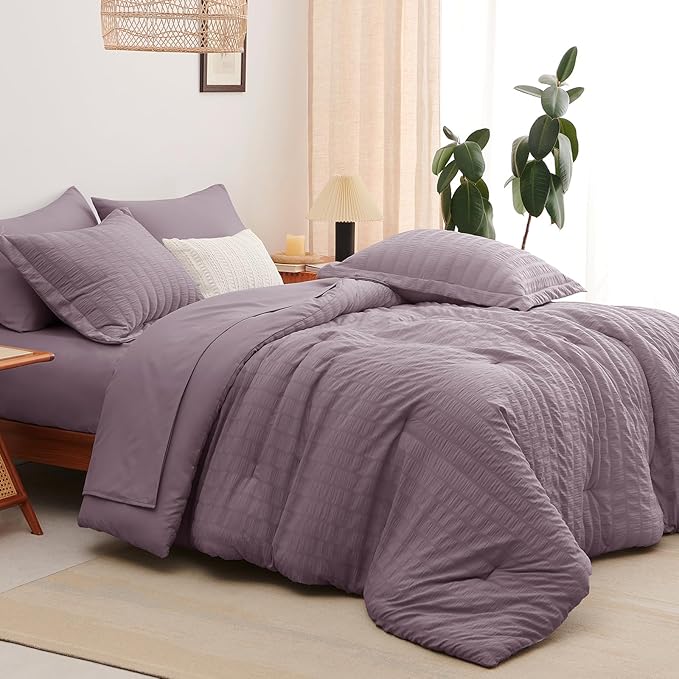 CozyLux Queen Comforter Set Dusty Purple Seersucker 7 Pieces Bed in a Bag Queen Comforter Set with Sheets, Luxury Bedding Sets with Down Alternative Comforter, Sheets, Pillowcases & Shams All Seasons