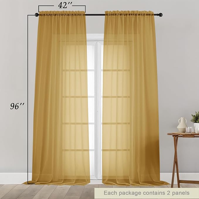 Gold Sheer Curtains for Bedroom Living Room 96 Inches Long 2 Panels, Modern - Image 2