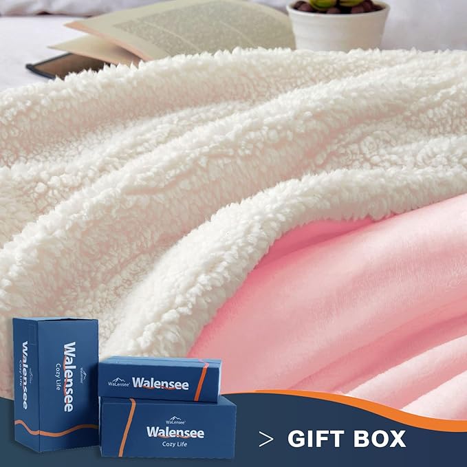 Walensee Sherpa Fleece Blanket (Throw Size 50”x60” Pink) Plush Throw Fuzzy Super Soft Reversible Microfiber Flannel Blankets for Couch, Bed, Sofa Ultra Luxurious Warm and Cozy for All Seasons