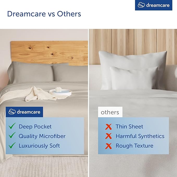 DREAMCARE King Size Sheets Set – 4 pcs Cooling Sheets – up to 21” Deep Pocket King Sheet Set – Hotel Luxury Sheets & Pillowcases – Superior Softness 100% Microfiber with Side Pocket - Beige