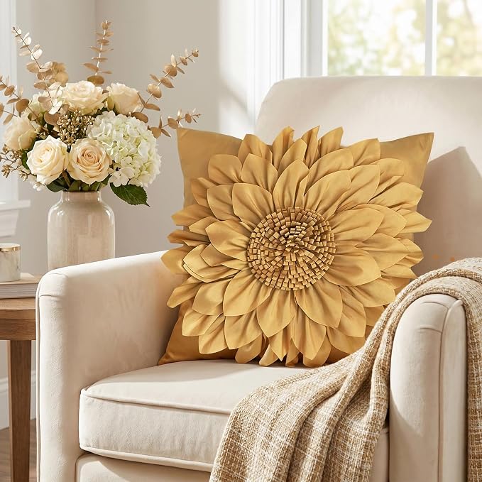 Gold Accent 3D Flower Decorative Throw Pillow Covers - Image 2