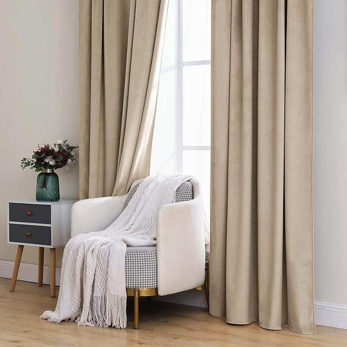 MIULEE Velvet Curtains 52x96 inches 2 Panels Cream Beige Blackout Curtains | - Image 7