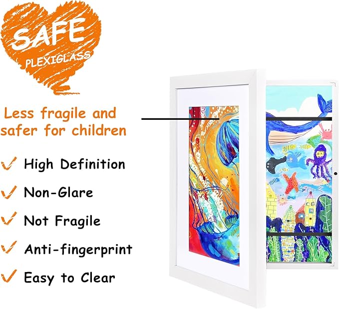 KINLINK 10x12.5 Kids Art Frames Set of 2, Solid Wood Kids Artwork Frames Changeable with Acrylic Front Opening Holds 150 Pictures, Art Frame for Kids Artwork with Mat or without Mat, White
