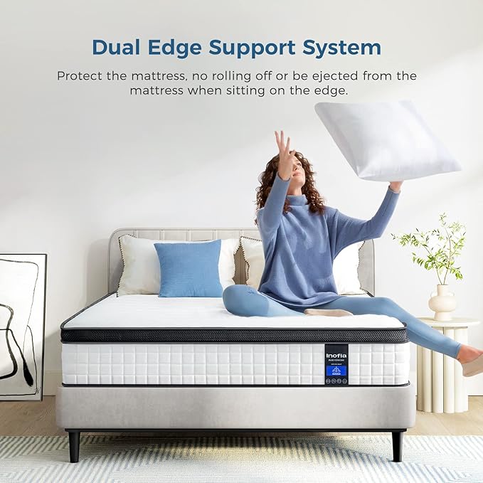 Inofia 10 Inch Queen Hybrid Double Mattress in a Box - Medium Firm, Memory Foam & Pocket Springs, Fiberglass Free, Motion Isolation, Pressure Relief, Edge Support, 10-Year Support, CertiPUR-US