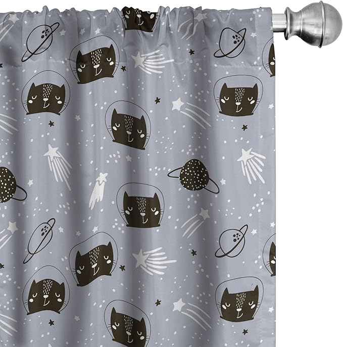 Ambesonne Outer Space Window Curtains, Astronaut Cats Exploring The Universe on Dotted Background, Lightweight Decor 2-Panel Set with Rod Pocket, Pair of - 28" x 95", Purple Grey
