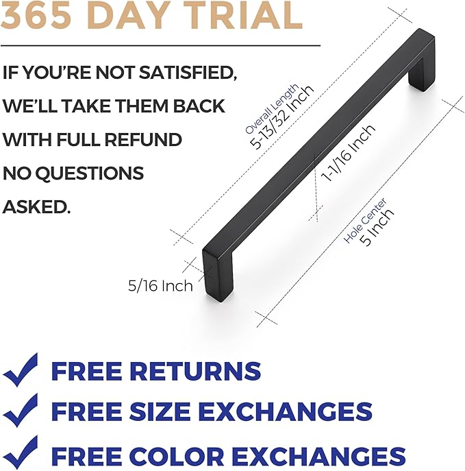 Ravinte 5 Pack Matte Black Cabinet Pulls, 5 Inch (128mm) Hole Center Slim Kitchen Handles, Square Drawer Pulls for Cabinets & Cupboards, Hardware