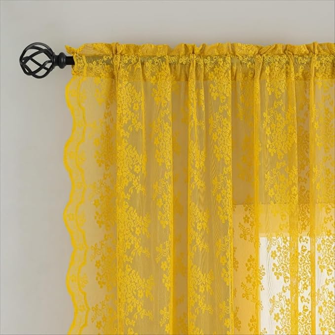 YJ YANJUN Vintage Lace Curtains 72 Inches Long-Victorian Floral Pattern Mustard - Image 5
