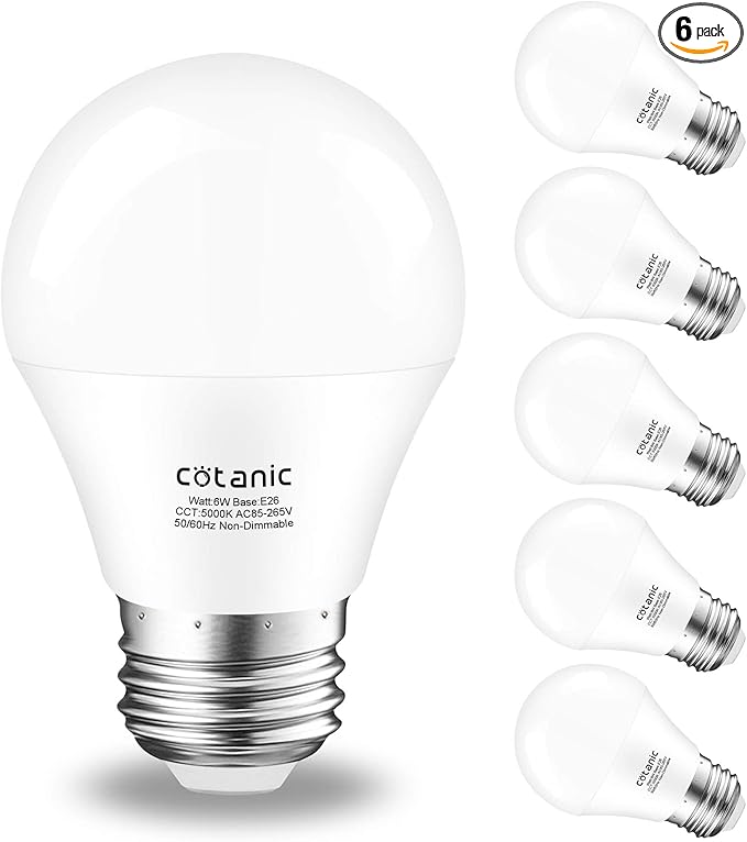 Cotanic Ceiling Fan Light Bulb 5000K Daylight A15 LED Bulb,E26 Medium Base Chandelier Light Bulb, 6W 60W Equivalent,600lm,Non-Dimmable,6 Pack