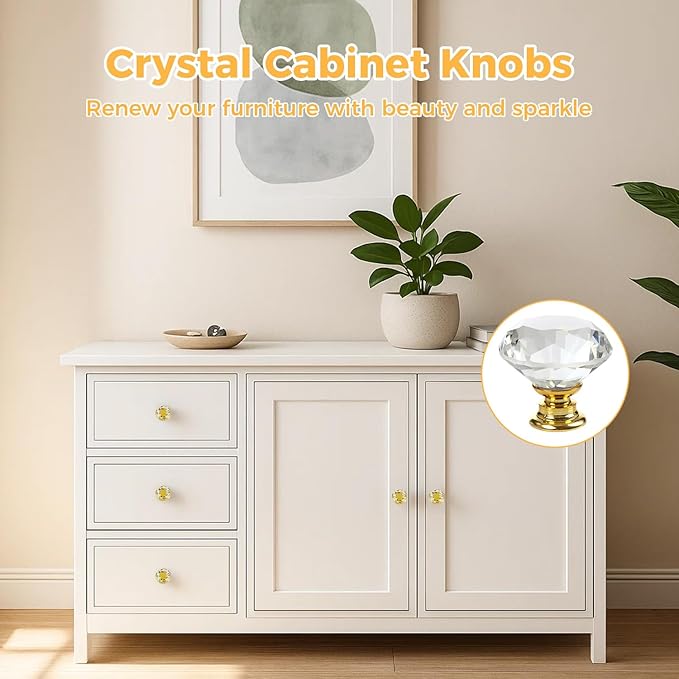 DEELF 24 Packs Kitchen Cabinet Knobs, 40 mm Crystal Cabinet Knobs, Diamond Dresser Handle Drawer Pulls, Dresser Knobs for Cabinets and Drawers, Gold Base