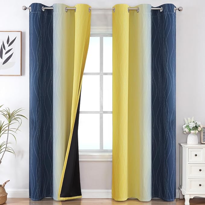 Navy Blue and Yellow Ombre Blackout Curtains by ESTELARTEXTILER
