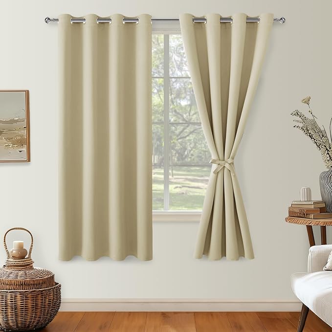 Blackout Curtains for Bedroom, Light Beige, 52 x 63 Inch, 2 Panels | Thermal by Hiasan
