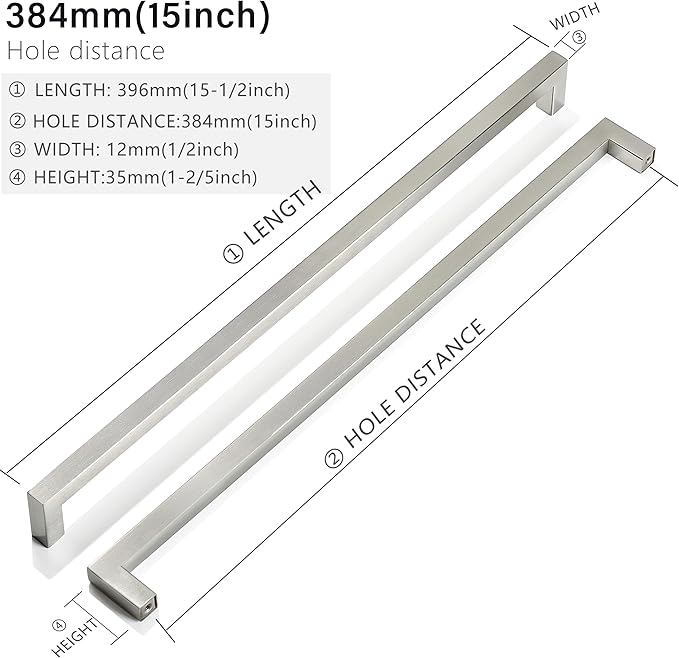 Cabinet Pulls Brushed Nickel Cabinet Handles Square Drawer Pulls, 50 Pack 15 Inch Stainless Steel Kitchen Door Cupboard Cabinet Handles, Cabinet Hardware Drawer Handles, 384mm Hole Centers