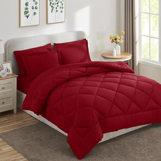 CozyLux King Size Comforter Set Dark Red - 7 Pieces Bed in a Bag King, Luxury Soft Bed Set for All Seasons, Bedding Set with Down Alternative Comforter, Sheets, Pillowcases & Shams