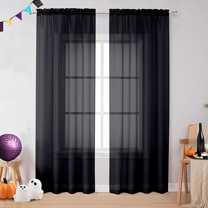 2 Panels Sheer Black Curtains 72 Inches Length Window Treatment by OVZME
