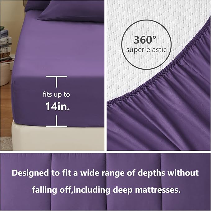 CozyLux Queen Comforter Set Purple, 7 Pieces Bed in a Bag, Purple Comforter Queen Size, All Season Bedding Sets with Stitch Quilted Comforter, Flat Sheet, Fitted Sheet, Pillowcases