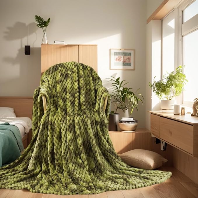 HOZY Queen Size Flannel Fleece Blanket, 90x90 Inches 3D Clouds Stylish Jacquard Velvet Plush Bed Blanket for Queen Full Bed, Tie-dye Olive Green