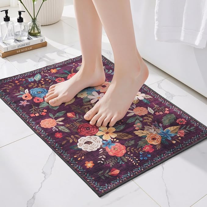 Purple Floral Entry Rug Small Door Mat 24x17Inch by WelcometoBabovid
