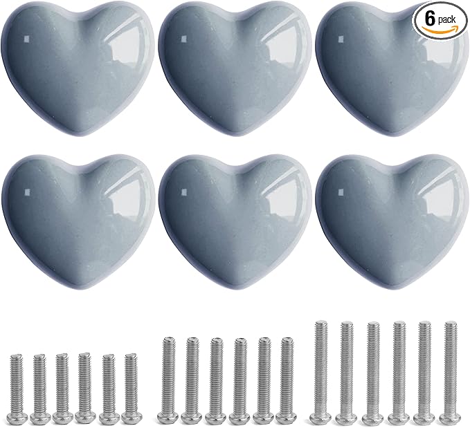 Ceramic Drawer Knobs Heart Shape Cabinet Dresser Pulls Handles with 3 Sized Screws, Kitchen Furniture Knobs for Closet Cupboard Wardrobe (6, Grey)