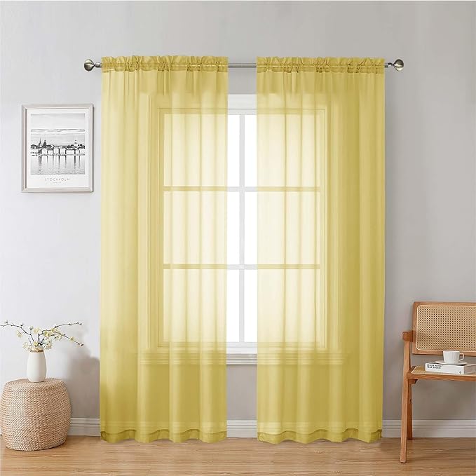 Yellow Sheer Curtains 78 Inches Long 2 Panels, Gauzy Light Filtering Breathable by Lecloud