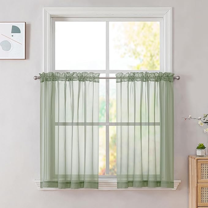 Sage Green Sheer Curtains 36 inches Long, Short Kitchen Window Treatment Solid by OVZME