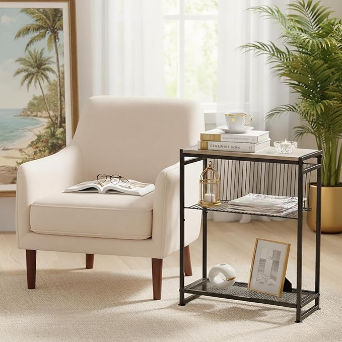 Dulcii Small Side Table for Small Spaces - Slim End Table with Magazine Holder Narrow End Table Living Room - Skinny Bedside Table Nightstand Bedroom Thin Side Table, Oak