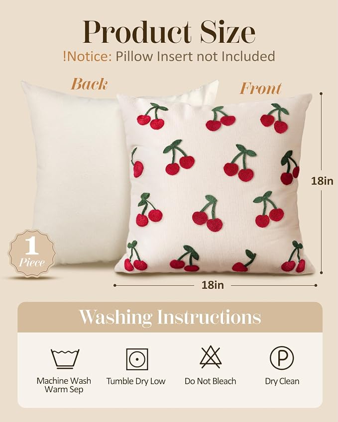 Embroidered Throw Pillow Cover 18x18 Inch, Little Cherry | Decorative Pillow - Image 4