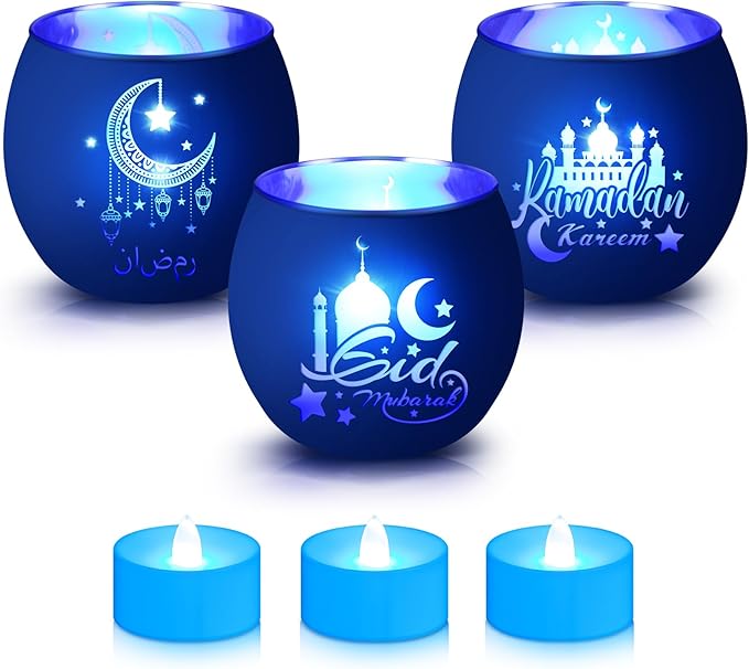 VIHOSE 3 Set Ramadan Decorations Eid Mubarak Votive Candle Holders Ramadan Glass Tea Light LED Battery Operated Candles Flameless Lights for Home Mubarak Party Islamic Muslim Table Centerpieces Decor