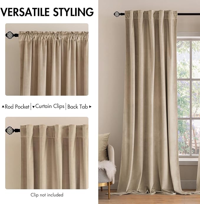 MIULEE Velvet Curtains 52x84 inches 2 Panels Cream Beige Blackout Curtains | - Image 2
