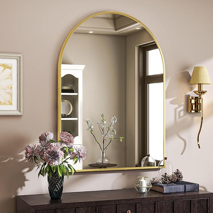 VooBang Arched Wall Mirror, 30 x 38 inch Arch Bathroom Mirror, Wall Mounted Vanity Mirror with Arch Metal Frame, Modern Bathroom Vanity Mirror for Bedroom, Living Room, Hanging or Leaning, Gold