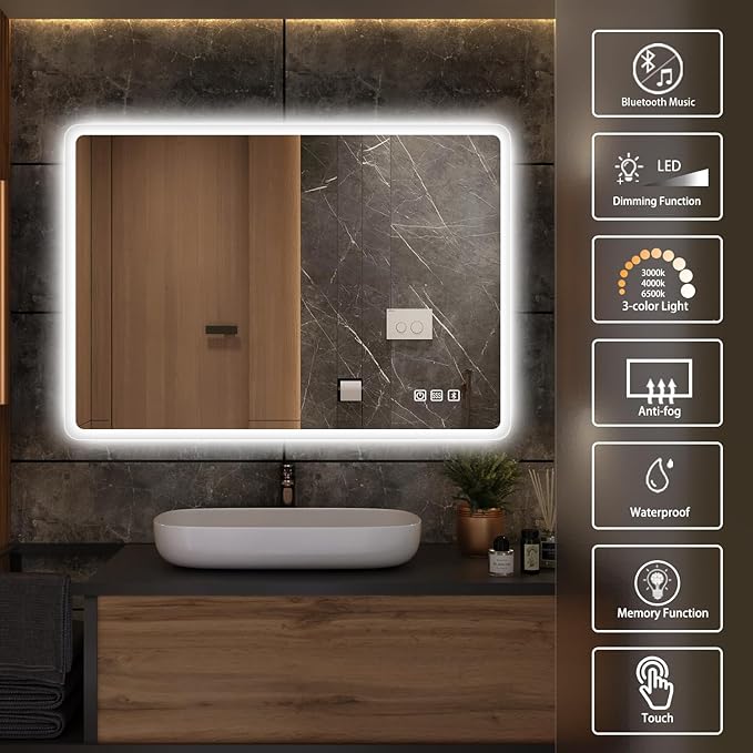 S'bagno 32"x24" LED-Lighted-Bathroom-Mirror, Wall-Mounted-Dimmable-Vanity-Mirror, Bluetooth Speaker Anti-Fog Waterproof Smart Touch Button 3 Colors Bathroom-Lighted-Mirror, Vertical/Horizontal