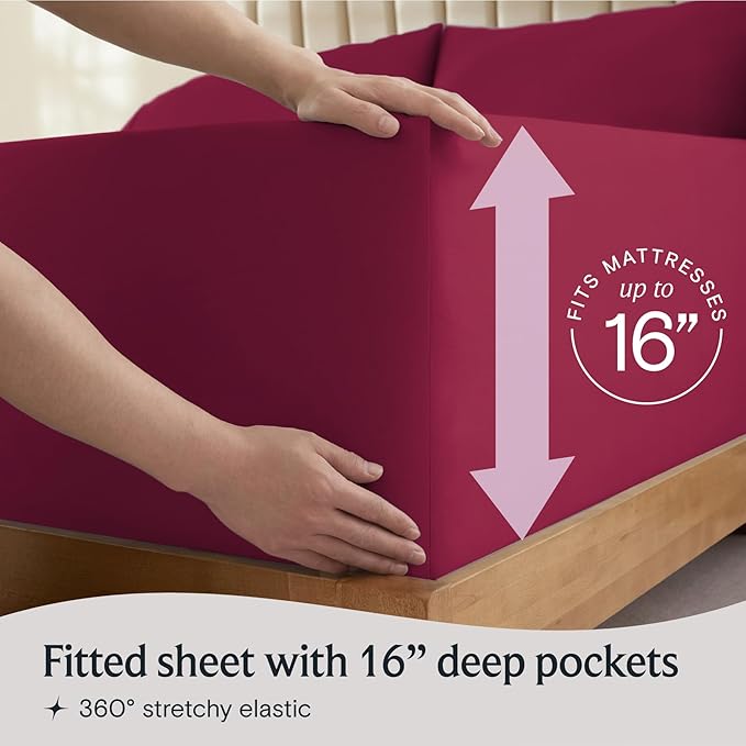 LuxClub 4 PC Queen Sheet Set, Breathable Luxury Bed Sheets, Deep Pockets Wrinkle Free Cooling Sheets Machine Washable Hotel Bedding Silky Soft - Burgundy Queen