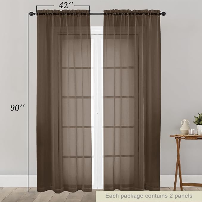 Sheer Chocolate Curtains for Bedroom Living Room 90 Inches Long 2 Panels Set - Image 2