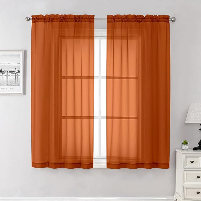 Orange Sheer Curtains 63 Inch Length 2 Panels Set, Window Curtains by Lecloud