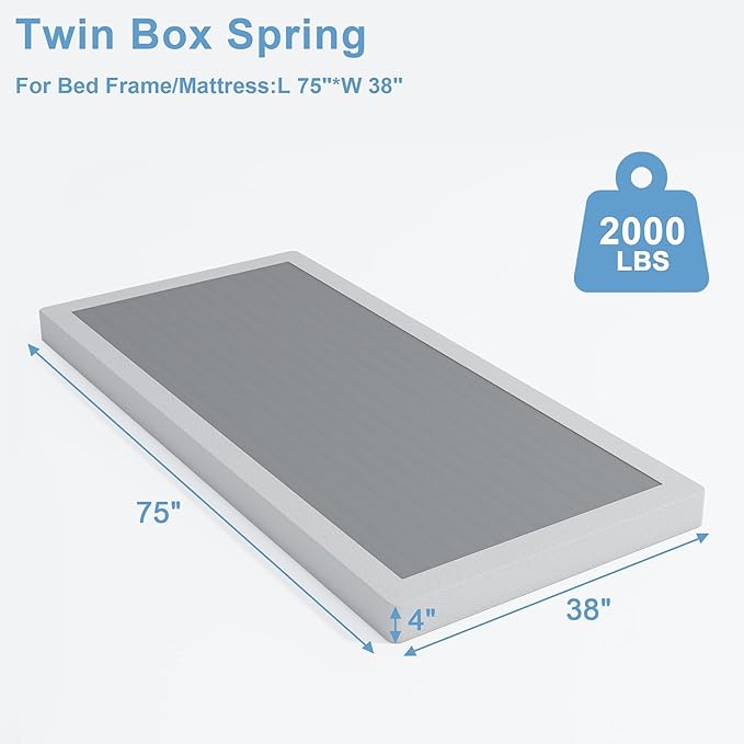 Twin Box Spring - 4 Inch High Profile Box Spring for Twin Bed, Sturdy Metal Frame Mattress Foundation, Easy Assembly, Quiet & Noise-Free