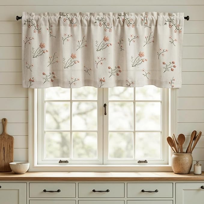 Kitchen Valances for Windows, Floral Embroidered 52x18 Inch 1 Panel | Country - Image 2