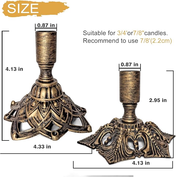Candlestick Holders,Taper Candle Holder for Candlesticks Gold Brass Vintage Candle Metal Stick Candle Holders for Fireplace, Party, Dining,Wedding Decor,Fits 3/4 inch Thick Candle(Set of 2Pcs)